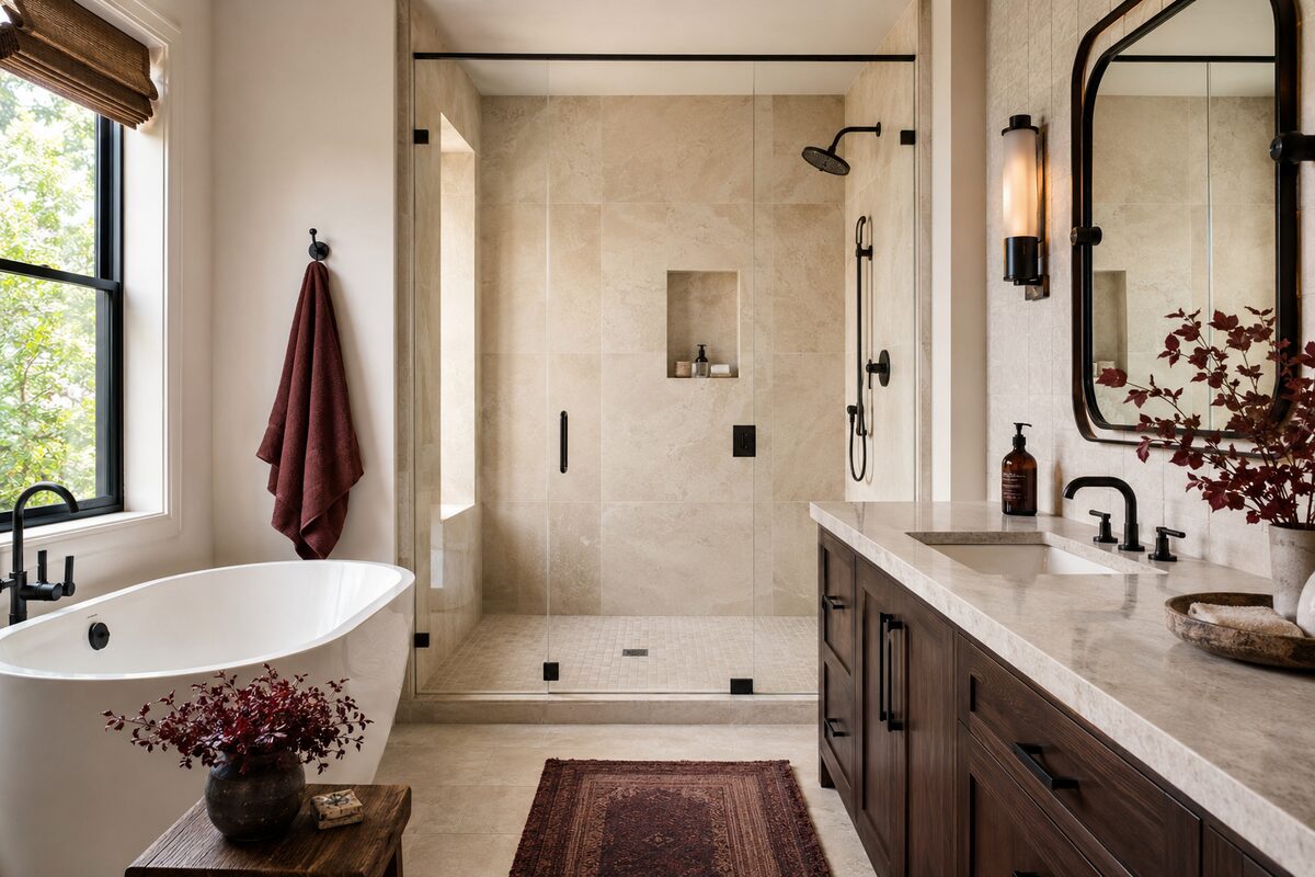 Renovated bathroom with stone tile, glass shower, and freestanding tub