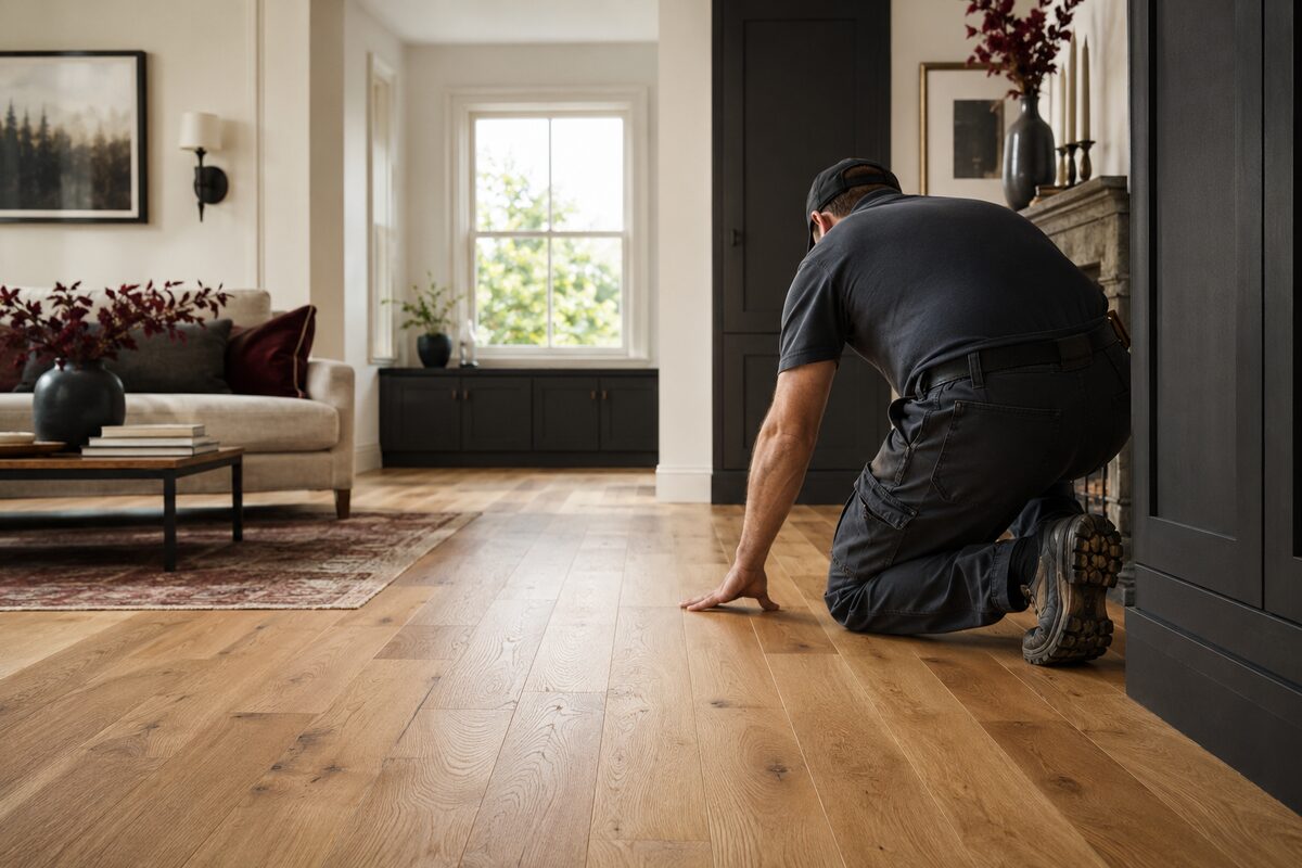Flooring professional inspecting newly installed hardwood floors