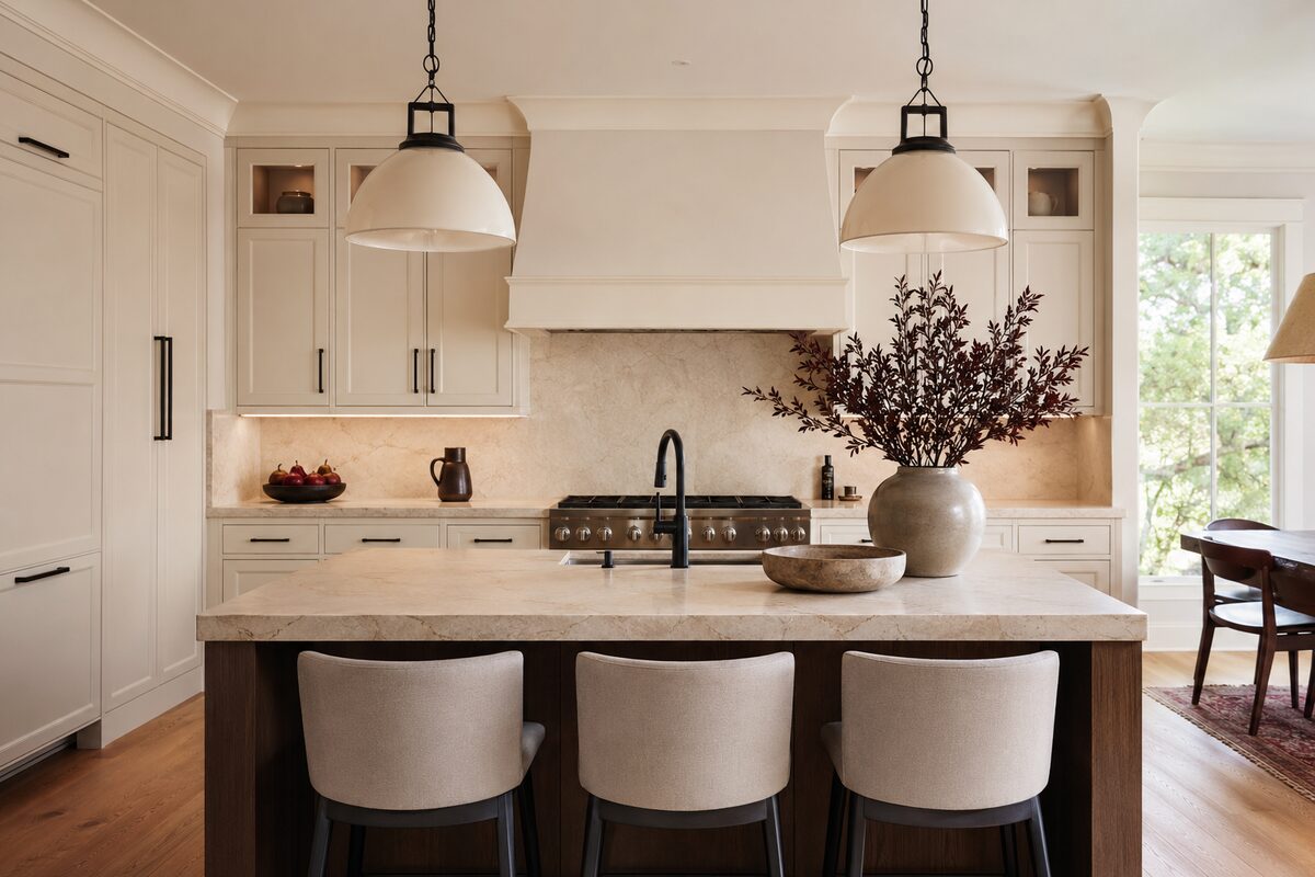 Renovated kitchen with ivory cabinetry, stone counters, and dark fixtures