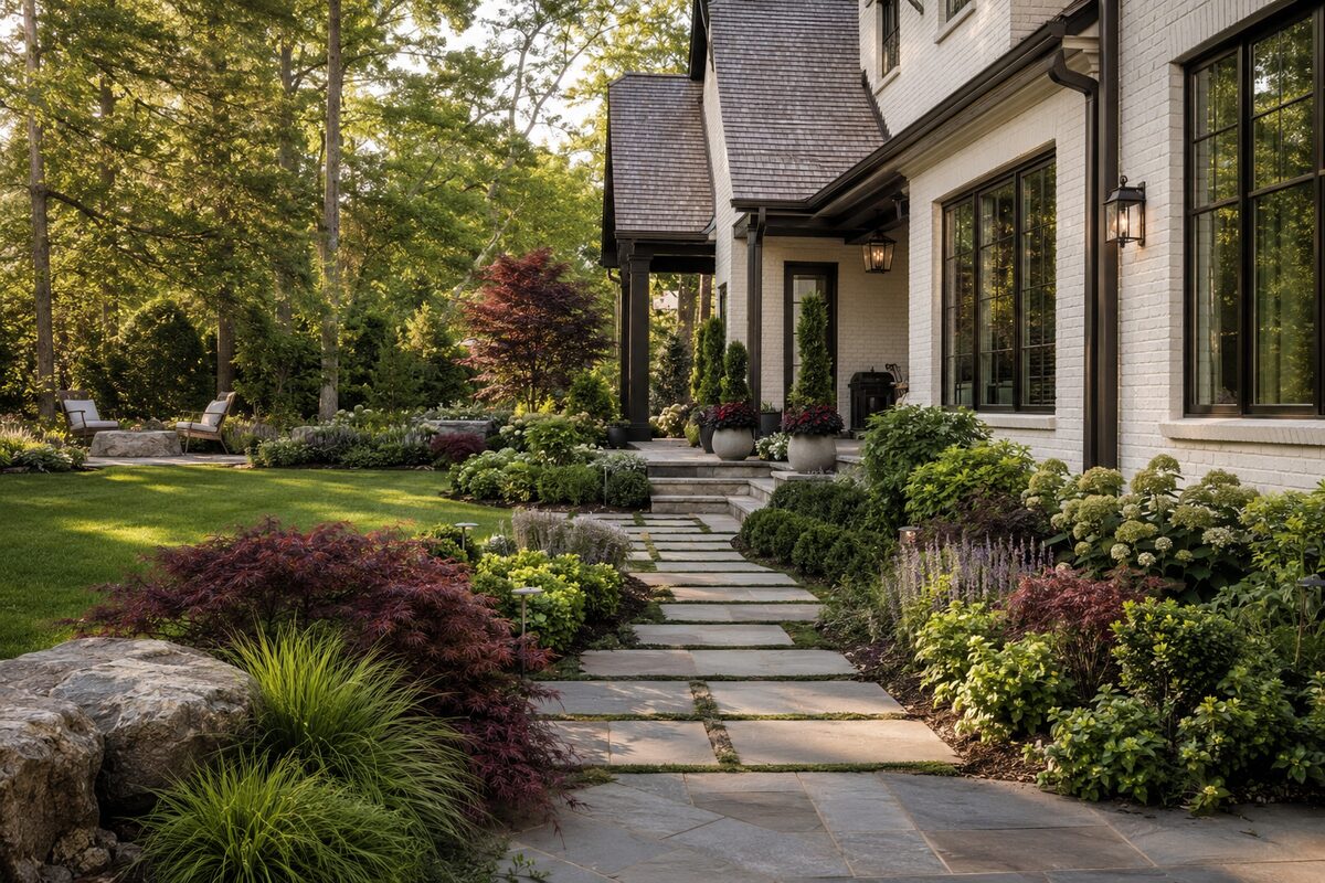 Professionally landscaped home with stone path and layered greenery
