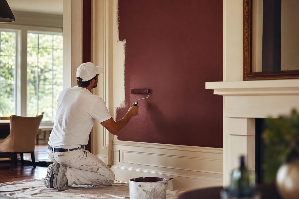 Professional painter applying a burgundy accent color to an interior wall
