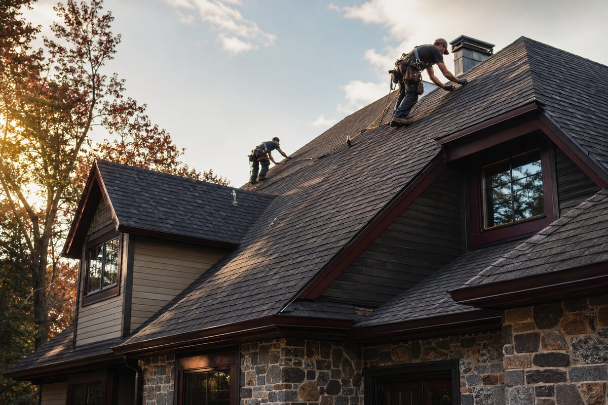 Professional roofers working on an architectural shingle roof